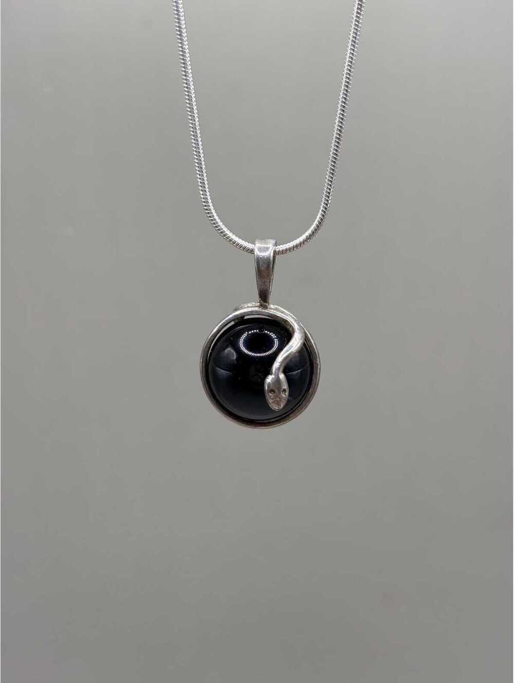 Vintage Sterling Silver Snake with Onyx Orb Pendant Necklace